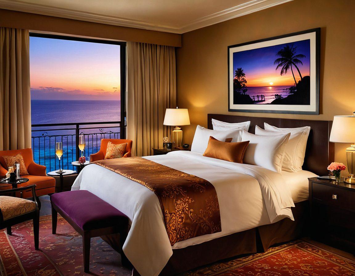 A cozy, luxurious hotel room with soft ambient lighting, featuring framed artwork of iconic adult film scenes. A plush bed with silk sheets, a bottle of champagne on a bedside table, and a small, romantic balcony overlooking a sunset-lit ocean. Include whimsical touches like animated figures playfully interacting in the background. super-realistic. vibrant colors. intimate atmosphere.