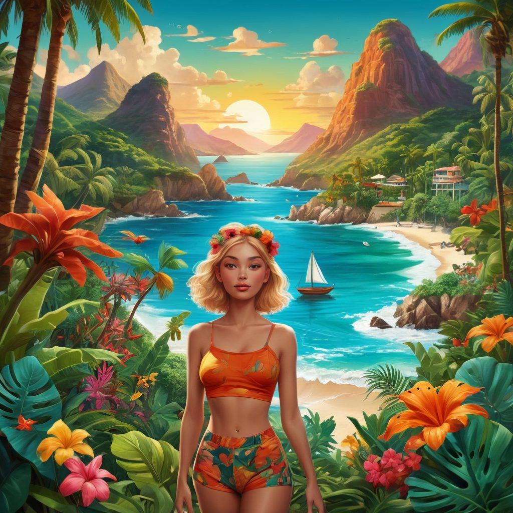 A whimsical, colorful collage featuring iconic scenes from various adult animation styles, including characters with playful expressions engaged in sensual activities amidst lush, fantastical landscapes. Incorporate elements like film reels, tropical getaways, and alluring visuals of fantasy worlds to evoke the theme of exploration. Include hints of cultural motifs and symbols from different regions around the world. vibrant colors. 3D art.