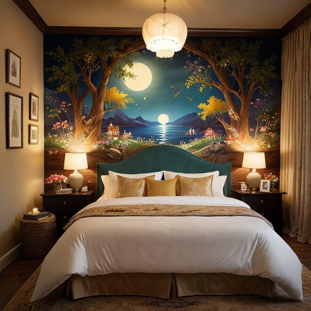 A romantic and inviting themed rental setting, featuring a cozy and lavish bedroom adorned with silk sheets, soft mood lighting, and an artistic mural depicting a whimsical escapade. Include playful hints of adult animation, like cartoonish characters peeking from corners and subtle playful decor. The ambiance should convey warmth and allure, with a touch of fantasy. super-realistic. vibrant colors. soft focus.